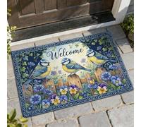 Birds Welcome - Tapete para puerta de bienvenida, diseño de flores rústicas, color azul, antideslizante, para decoración del hogar, para entrada, porche, balcón, 29 x 17 pulgadas