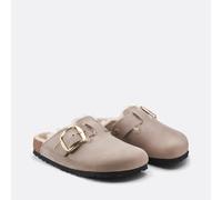 BIRKENSTOCK Zuecos de piel forrados Boston Big Buckle Sherling. Color beige