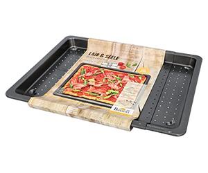 Birkmann 210585 Pan & Soul, bandeja de horno perforada y ajustable, 36-52 x 33 cm, para suelos crujientes, revestimiento antiadherente y sugerencia de recetas