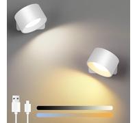 Birnetek Aplique Pared Interior 2 Pcs, LED Lampara Pared con Batería, Lampara de Pared Sin Cable Atenuable, Control Táctil, Para Dormitorio Escaleras Baño Sala de Estar (Blanco)