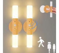 Birnetek® Aplique Pared Interior 2 Unidades, Lampara Pared de Madera con Sensor de Movimiento, USB Recargable Lamparas Sin Cables Para Dormitorios Pasillos Escalera (Color de la madera)