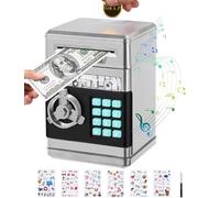 Birshe Caja Fuerte Niños, Hucha Electrónica Cajero Automático con Bloqueo de Contraseña & Automático de Dinero Mini Cajero Electrónico Caja Fuerte para Niños 3-12 Años Plateado