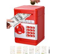 Birshe Hucha Electrónica, Caja Fuerte para Niños con Cajero Automático Mini y Contraseña - Caja para Ahorrar Dinero con Bonitas Pegatinas - Rojo
