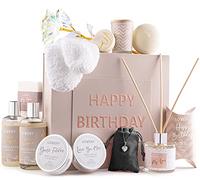 Birthday Gift Basket - Bath and Spa Gift Set for Women - Luxury Birthday Spa Gift Box with Vit E- Rich Bath Essentials, Diffuser, Candle, Sterling Silver CZ Heart Necklace, 24k Flower Rose Gift & More