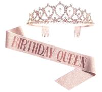 Birthday Queen Sash & Rhinestone Tiara - Rose Gold Birthday Gifts Glit