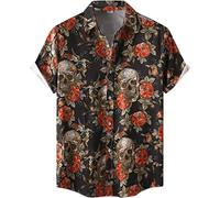 BIRW Camisa de Halloween para hombre, diseño de calabazas y calaveras, manga corta, con botones, hawaianas, Medium