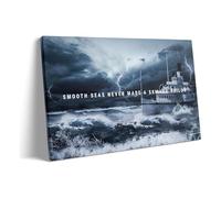BIRXPMOS Bold Ocean Storm : Ship at Sea Canvas Art, Blue Toned Nautical Picture for Motivational Wall Decor in Study, Office and Den(Framed,12x18inch(30x45cm))
