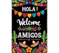 BIRXPMOS Welcome Amigos Funny Metal Sign with Hola Text Wall-Art for Entryway Kitchen Bar Fiesta Decor 8 X 12 in