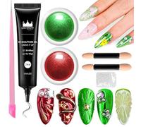 BISHENGY Kit de Polvo de Uñas Cromo de Color Cromo: 2 Colores Rojo Verde Cromo Polvo de Uñas y Estrás Transparente 3D Gel Nail Art,3D Gel Uñas Gel con Esponja para Salón de Arte de Uñas Casero