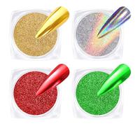 BISHENGYF Dorado Efecto Espejo UñAs - 4 Colores Rojo Verde Láser Dorado Navideño Polvo Cromado Para UñAs, Holográfico Brillante Polvo Para UñAs Efecto Espejo con Purpurina - Diseño de Uñas Navideñas