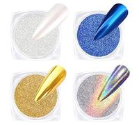 BISHENGYF Dorado Efecto Espejo UñAs: Láser Brillante Holográfico Polvo Para UñAs Efecto Espejo Metálico Azul Hielo, Kit de Polvo Holográfico Iridiscente con Pigmento Perlado Blanco, Decoración de Uñas