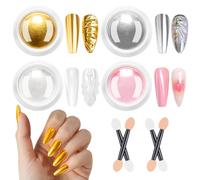 BISHENGYF Efecto Espejo UñAs - 4 Colores Metálicos Dorados Plateados Efecto Espejo Polvos UñAs Efecto Perla, Perla Blanca Kit de Polvo de Brillantina de Sirena Rosa Iridiscente, Decoración de Uñas