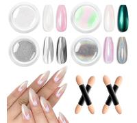BISHENGYF Polvo Cromado para Uñas 4 Piezas, Polvo Cromado Perlado Blanco para Uñas Efecto Espejo Polvos Cromados Holográficos Metálicos Plateados, Brillo de Pigmento Cromado Sirena Iridiscente Aurora