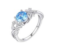 Bishilin Anillos de compromiso de circonita cúbica para mujer, anillos de matrimonio para mujer, diseño vintage de hoja con circonita cúbica redonda azul, plata de ley, P 1/2, Plata de ley, Circonita