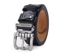 BISON DENIM Cinturón de cuero para hombre, vestido de cuero auténtico, clásico, resistente, hebilla cinturón casual para vaqueros, Hebilla plateada+cinturón negro, Länge 120cm Fit für Taille 39"-41"