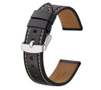 BISONSTRAP 24mm Correa de Reloj de Cuero, Pulsera de Repuesto Piel de Becerro Retro Hombre Mujer,Negro/Hebilla Plateada