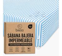 Bisoo Sabana Magica Cuna 70x140. Bajera Infantil de Algodón Jersey Impermeable y Transpirable para Maxicuna 140 x 70. Ahórrate Comprar el Protector de Colchon Aparte. Cert. Oeko-Tex, Rayas Azules