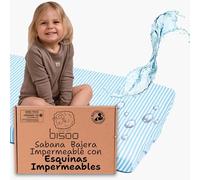 Bisoo Sábanas 80 x 160 - Protector Colchon 80x160 Totalmente Impermeable Ajustable - Funda Bajera Infantil para Cama Montessori - Sabana de Algodon Jersey Certificado Oeko-Tex, Rayas Azul 160x80
