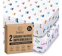 Bisoo, Set de 2 Sabanas Carrito Bebe 40x80 / 37x80 cm - Bajeras Algodon Impermeables con Esquinas Impermeables Capazo, Carro, Cochecito - Funda Protector Transpirable - Set: Letras + Coches 80x40