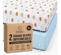 Bisoo, Set de 2 Sabanas Maxicuna 70x140 Totalmente Impermeables - Protector Colchon Cuna con Esquinas Impermeables - Bajeras Infantiles Algodon Jersey, OekoTex, Set: Leones + Rayas Azules 140x70