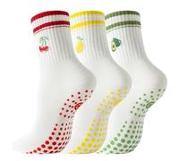 BISOUSOX Calcetines Pilates Mujer Antideslizantes Mujer Algodón Calcetines Yoga Regalo para el Cumpleaños de la Amiga de la Madre(3PairsStripe-cherry+avocado+lemon)