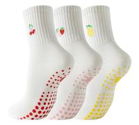 BISOUSOX Calcetines Pilates Mujer Antideslizantes Mujer Algodón Calcetines Yoga Regalo para el Cumpleaños de la Amiga de la Madre(3Pairs-cherry+strawberry+lemon)