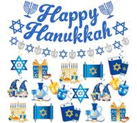Biswiter Decoraciones de Hanukkah, decoración de Hanukkah sin bricolaje, incluye pancarta de Hanukkah feliz y decoraciones de Janucá colgantes, decoraciones de Hannukah felices para Hanukkah