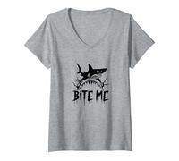 Bite Me: Ataque Feroz de Tiburones para entusiastas del océano Camiseta Cuello V, Mujer, Gris Jaspeado, XL