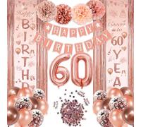 BITOYO Decoración de cumpleaños número 60 para mujer: paquete de fiesta de oro rosa con globos, pancartas, cortina y confeti