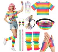 BITOYO Disfraz Años 80 Mujer Completo Carnaval con Top de Red Arcoíris, Riñonera, Cinta para el Pelo, Guantes, Collares y Brazaletes para Carnaval Fiestas Temáticas