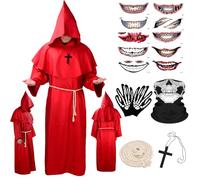 BITOYO Disfraz de Monje Sacerdote Túnica Medieval Renacimiento Traje Disfraz Cura Túnica de Monje con Capucha Cuerda de Cintura Collar de Cruz Guantes y Máscara para Halloween Carnaval (Rojo, M)