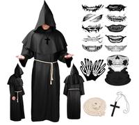 BITOYO Disfraz de Monje Sacerdote Túnica Medieval Renacimiento Traje Disfraz Cura Túnica de Monje con Capucha Cuerda de Cintura Collar de Cruz Guantes y Máscara para Halloween Carnaval (Negro, S)
