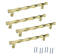 Bitray Tiradores de gabinete con forma de bambú, distancia entre agujeros de 9,7 cm, color dorado, 4 unidades