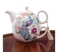 Bits and Pieces,Juego de tetera y taza de porcelana de pavo real,Elegante diseño de pavo real con delicada borla en el mango de la tetera que hace una gran decoración,Incluye caja de regalo decorativa