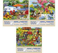 Bits and Pieces - Juego econ mico de tres (3) rompecabezas de 500 piezas para adultos - Rompecabezas de flores coloridas, animales de granja, de