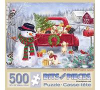Bits and Pieces - Rompecabezas de 500 piezas para adultos de 18 pulgadas x 24 pulgadas - Camión rojo con cachorros - 500 piezas muñeco de nieve Navidad rompecabezas por Artist Makiko