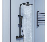 Biubiubath Juego de mezclador termostático para ducha, cabezal de ducha doble y manguera, mezclador de barra montado en la pared, acabado cromado, kit de riel elevador de ducha ajustable (negro mate)