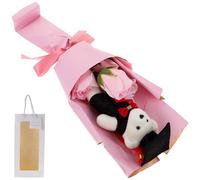 BIUDECO Bouquet de Flores de Jabón con Osito para Graduación Flores Artificiales de Color Rosa Claro Bouquet Ligero con Bolsa de Mano Detalle Decorativo y Obsequio para Adolescentes