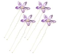 BIUDECO Pinzas Pelo en Forma de U Flores y Pedrería Brillante, Horquillas Moradas para Bodas y Fiestas, Juego de 4 Piezas para Mujer y Niña