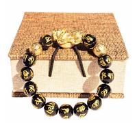 biuufish Pulsera Feng Shui chapada en oro de 24 quilates PiXiu, obsidiana PiXiu, pulsera de riqueza con protección de dragón, cuentas de oración de mantra, pulseras que pueden traer buena suerte