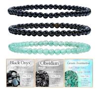 Bivei 3 Piezas 4mm pulseras piedras naturales - Ónix Negro, Obsidiana Negra, Aventurina Verde - Pulsera Piedras Naturales Mujer Hecha a Mano para Yoga, Meditación y Regalos de Protección
