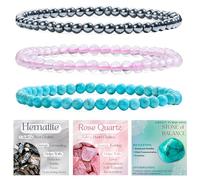 Bivei 3 Piezas 6mm pulseras piedras naturales - Hematita, Cuarzo Rosa, Turquesa Verde - Pulsera Piedras Naturales Mujer Hecha a Mano para Yoga, Meditación y Regalos de Protección