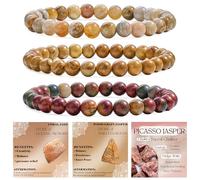 Bivei 3 Piezas 6mm pulseras piedras naturales - Jade Coral, Jaspe Madera, Jaspe Picasso - Pulsera Piedras Naturales Mujer Hecha a Mano para Yoga, Meditación y Regalos de Protección