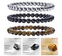 Bivei 3 Piezas 8mm pulseras piedras naturales - Hematita, Turmalina Negra, Ojo de Tigre - Pulsera Piedras Naturales Mujer Hecha a Mano para Yoga, Meditación y Regalos de Protección
