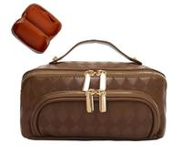 BIVIZKU Bolsas de maquillaje a cuadros de gran capacidad, bolsas de cosméticos portátiles de viaje, bolsa de aseo abierta y plana para mujeres y niñas, organizador de maquillaje con bolsa divisora con