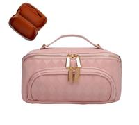 BIVIZKU Bolsas de maquillaje a cuadros de gran capacidad, bolsas de cosméticos portátiles de viaje, bolsa de aseo abierta y plana para mujeres y niñas, organizador de maquillaje con bolsa divisora con