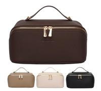 BIVIZKU Bolsas de maquillaje a cuadros de gran capacidad, bolsas de cosméticos portátiles de viaje, bolsa de aseo abierta y plana para mujeres y niñas, organizador de maquillaje con bolsa divisora con