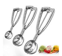 Bixel Juego de 3 cucharas de helado con gatillo fácil, grandes (6,3 cm), medianas (5 cm), pequeñas (4 cm), cuchara de helado de acero inoxidable 304 para melón, magdalenas, sorbetes, cupcakes