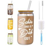 Bixury Tazas de Café Helado con Tapas y Pajitas 500 ml Tazas de Café Helado Vasos de Cóctel con 2 Piezas Pajitas de Vidrio y 2 Cepillos Taza de Vidrio para Whisky Café Yogur Soda Cocktail Cerveza