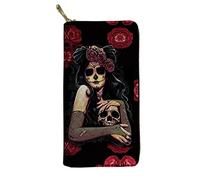 Biyejit Cartera de piel con estampado de calavera de azúcar rosa para mujer, gran capacidad, soporte para tarjetas de crédito, bolso de mano para teléfono
